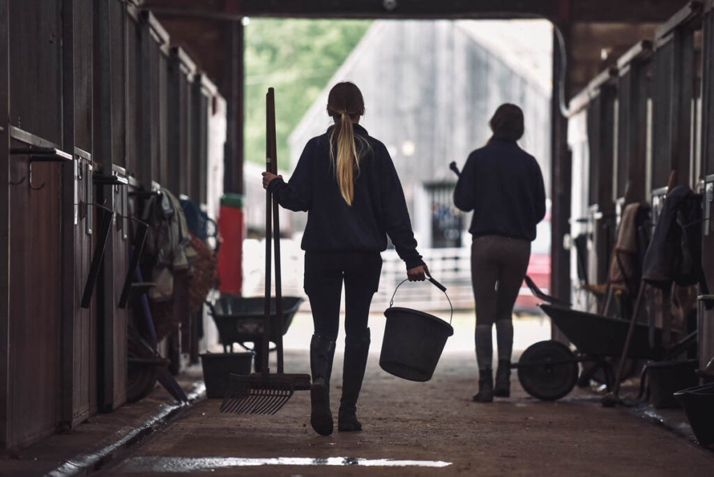 The back of two female students in a stable holding cleaning equipment at Walford College