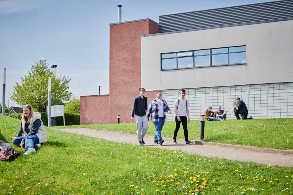 students outside sitting on the grass as well as walking down the path