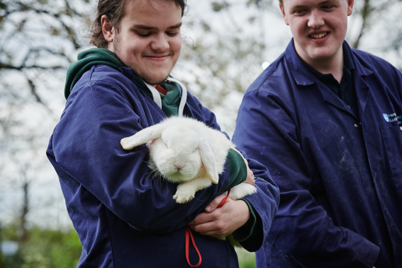 student holding a white bunny that has fell asleep