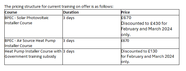 Table of prices for new courses running at the low carbon technology training centre