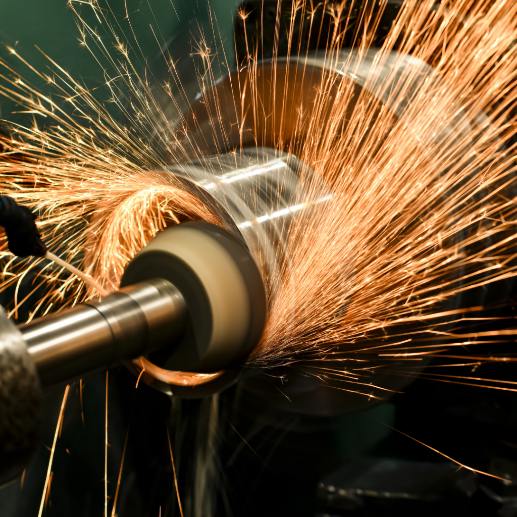Sparks fly off from an abrasive wheel